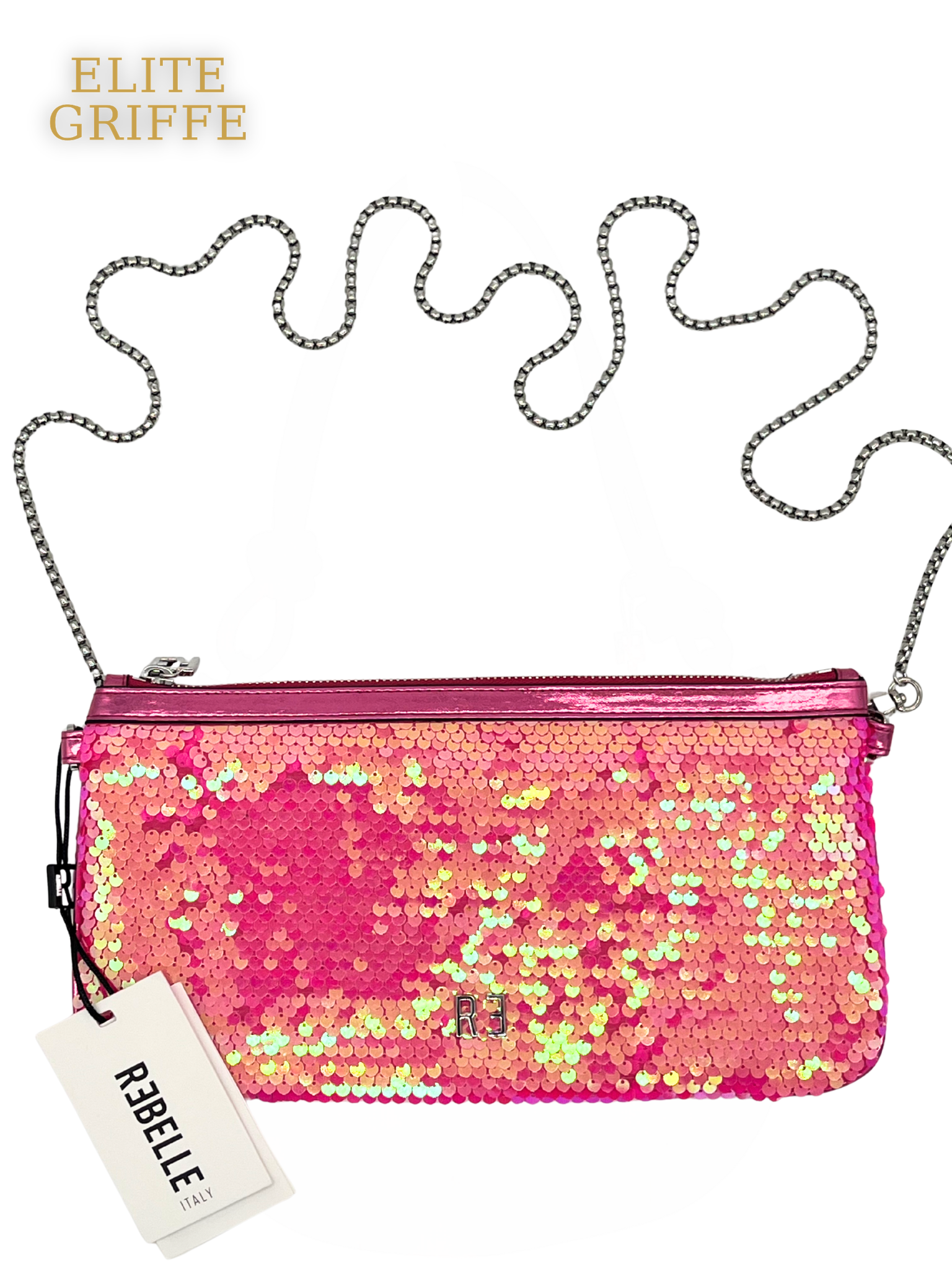 REBELLE - Pochette rosa laminato con catena