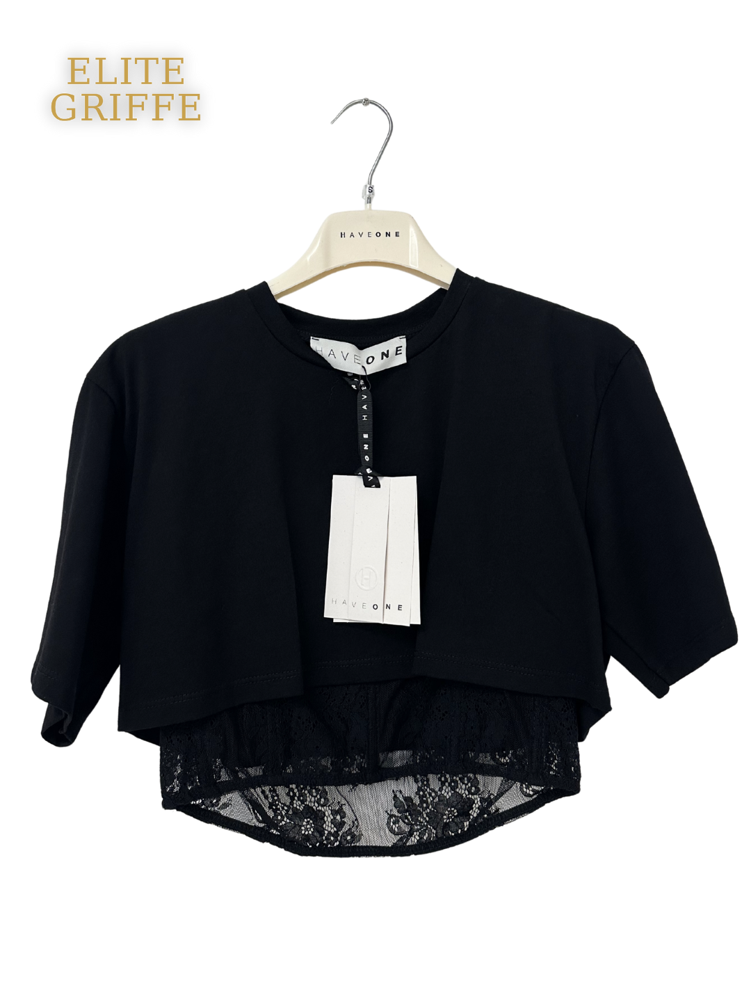 HAVEONE - T-SHIRT CROP PIZZO SOTTO NERO